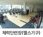 체력단련장(각종헬스기구) : 헬스장 내부를 위쪽에서 바라본 모습으로 다양한 헬스 기구들이 배치되어 있습니다. 