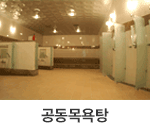 공동목욕탕 : 공동 목욕탕 내부를 측면에서 바라본 모습으로 바닥과 벽은 타일로 되어 있고, 환한 조명이 설치되어 깔끔한 분위기입니다. 왼쪽에는 샤워 부스가 줄지어 있습니다.
