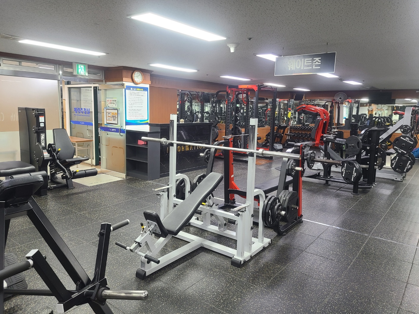 헬스장 내부를 촬영한 사진이며 웨이트존 아래 운동기구가 배치되어 있습니다.
