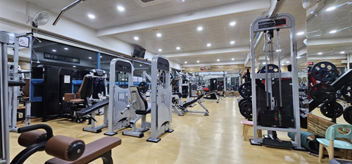 진해국민체육센터의 헬스장 내 전경이며 창가 쪽에 머신러닝이 일렬로 나열되어 있습니다. 우측 거울 앞에 벨트 마사지 머신이 나열되어 있습니다.