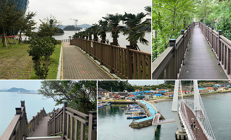 상단 좌측은 해안 산책로입니다. 상단 우측, 하단 좌측은 해안데크로드 사진입니다. 하단 우측은 우도 및 우도보도교 사진입니다.