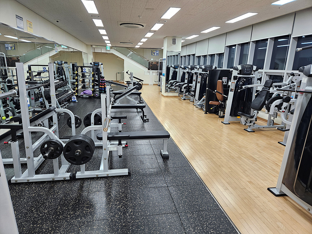 내부에서 바라본 헬스장이며, 좌측 벽면은 거울이 나열되어 있고, 고무바닥 위에 운동기구들이 설치되어 있고 우측 창가쪽에도 유산소성 운동기구들이 나열되어 있습니다.