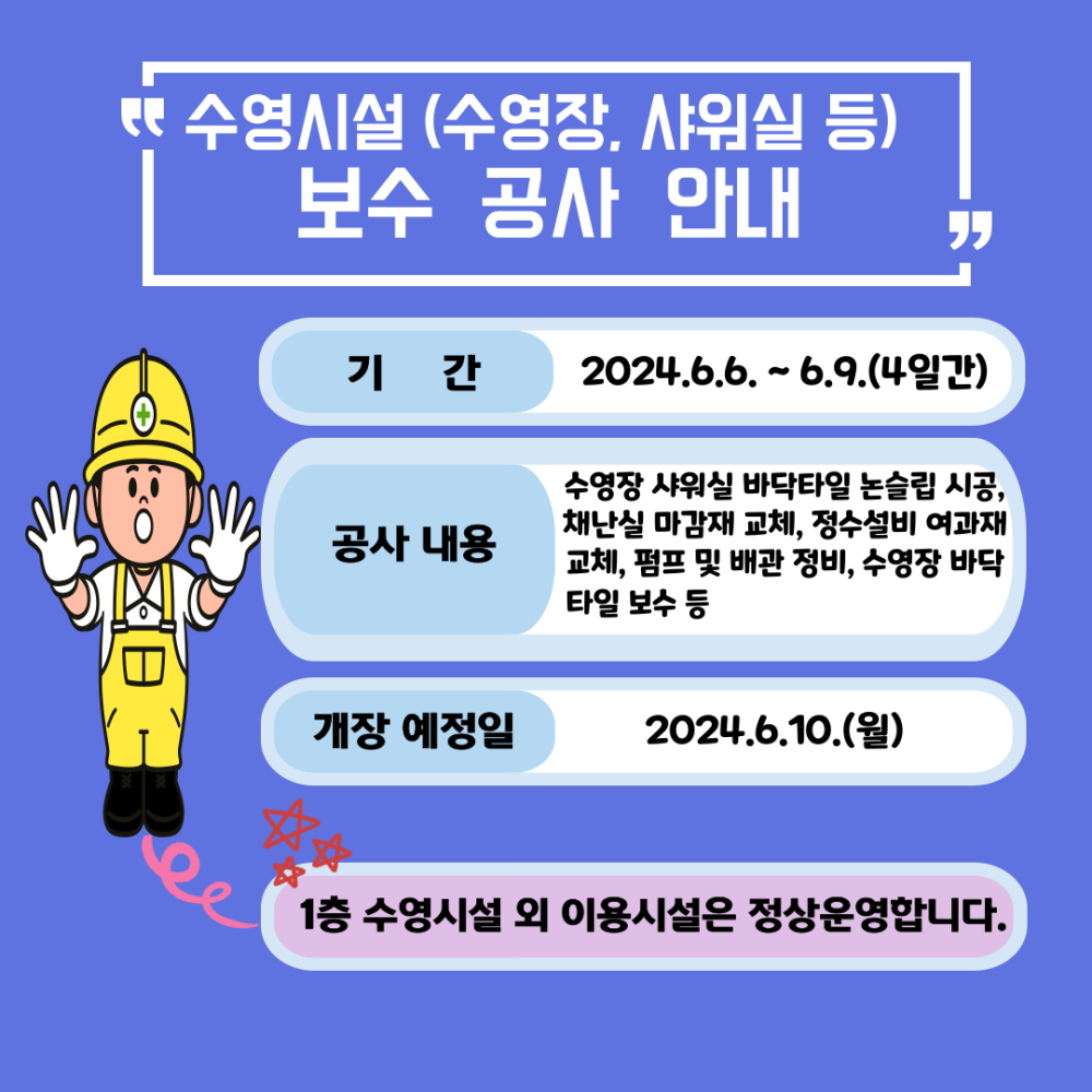 수영시설 (수영장, 샤워실 등) 보수 공사 안내 기간 2024.6.6.-6.9.(4일간) 공사 내용 수영장 샤워실 바닥타일 논슬립 시공, 채난실 마감재 교체, 정수설비 여과재 교체, 펌프 및 배관 정비, 수영장 바닥 타일 보수 등 개장 예정일 2024.6.10.(월) 1층 수영시설 외 이용시설은 정상운영합니다.