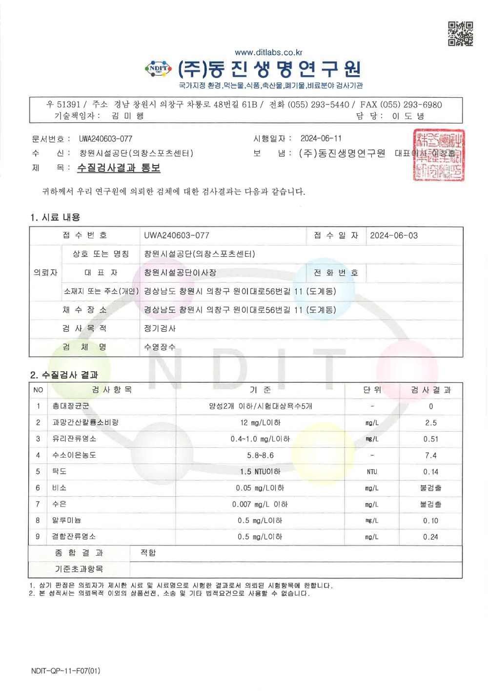 6월 수영장水 유충 현미경 검사 결과  일 자: 2024. 6. 11.  대 상: 시수, 밸런싱 탱크, 여과기 출구 각 1개소  결 과: 유충 미 발견