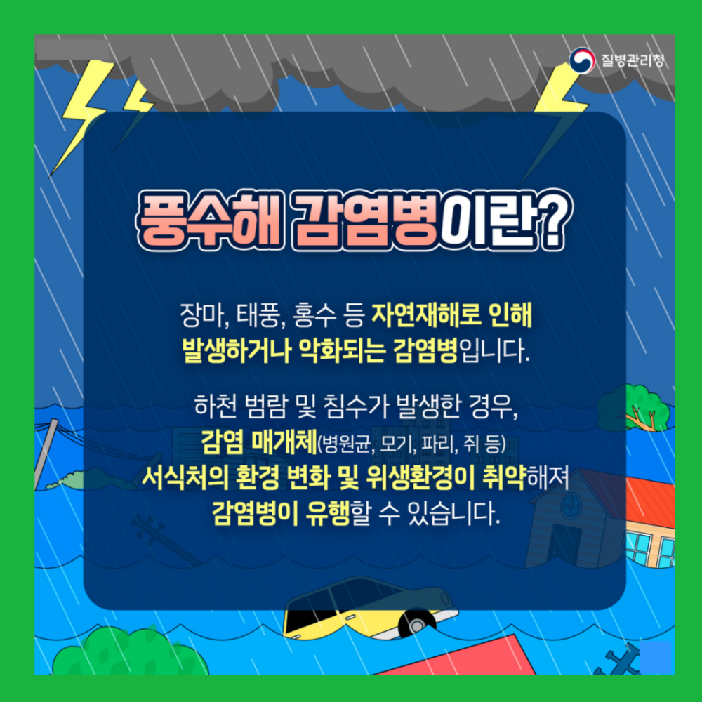 풍수해 감염병이란? 장마, 태풍, 홍수 등 자연재해로 인해 발생하거나 악화되는 감염병입니다. 하천 범람 및 침수가 발생한 경우, 감염 매개체(병원균, 모기, 파리, 쥐 등) 서식처의 환경 변화 및 위생환경이 취약해져 감염병이 유행할 수 있습니다.