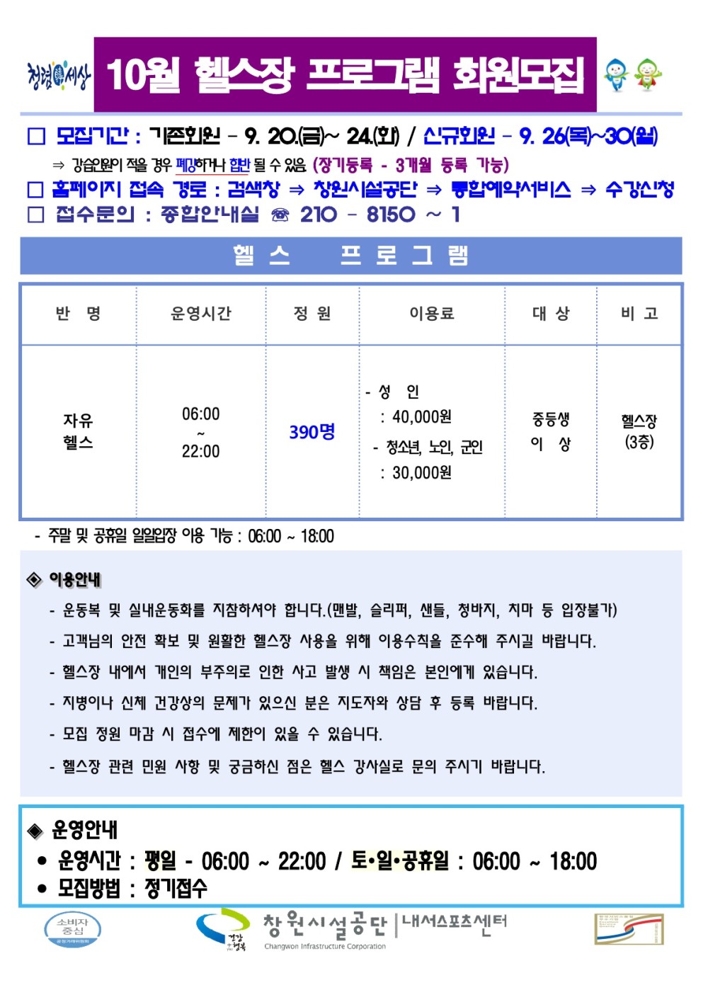 10월 헬스장 프로그램 회원모집 □ 모집기간 : 기존회원 - 9. 20.(금)~ 24.(화) / 신규회원-9.26(목)~30(월) 강습인원이 적을 경우 폐강하거나 함반 될 수 있음 (장기등록 3개월 등록 가능) □ 홈페이지 접속 경로: 검색창 창원시설공단 통합예약서비스 수강신청 □ 접수문의: 종합안내실 210-8150~1 헬스 프로그램 반명 운영시간 정원 이용료 대상 비고 성인 06:00 자유 헬스 390명 22:00 : 40,000원 청소년, 노인, 군인 : 30,000원 중동생 이상 헬스장 (3층) 주말 및 공휴일 일일입장 이용 기능: 06:00 - 18:00 ◆이용안내 - 운동복 및 실내운동화를 지참하셔야 합니다.(맨발, 슬리퍼, 샌들, 청바지, 치마 등 입장불가) 고객님의 안전 확보 및 원활한 헬스장 사용을 위해 이용수칙을 준수해 주시길 바랍니다. 헬스장 내에서 개인의 부주의로 인한 사고 발생 시 책임은 본인에게 있습니다. - 지병이나 신체 건강상의 문제가 있으신 분은 지도자와 상담 후 등록 바랍니다. - 모집 정원 마감 시 접수에 제한이 있을 수 있습니다. - 헬스장 관련 민원 사항 및 궁금하신 점은 헬스 강사실로 문의 주시기 바랍니다. 운영안내 운영시간 : 평일 - 06:00~22:00 / 토·일·공휴일: 06:00 ~ 18:00 • 모집방법 : 정기접수 창원시설공단 내서스포츠센터
