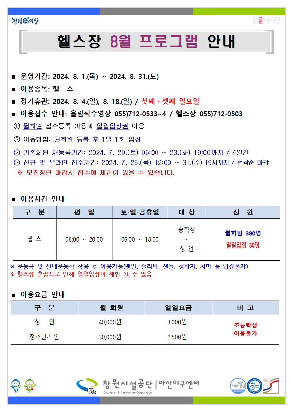 헬스장 8월 프로그램 안내 ■ 운영기간: 2024. 8. 1.(목) ~ 2024. 8. 31.(토) ■ 이용종목: 헬스 ■ 정기휴관: 2024. 8. 4.(일), 8. 18.(일) / 첫째 · 셋째 일요일 ■ 이용접수 안내: 올림픽수영장 055)712-0533~4 / 헬스장 055)712-0503 ① 월회원 접수등록 이용과 일일입장권 이용 ② 이용방법: 월회원 등록 후 1일 1회 입장 ③ 기존회원 재등록기간: 2024. 7. 20.(토) 06:00 ~ 23.(화) 19:00까지 / 4일간 ④ 신규 및 온라인 접수기간: 2024. 7. 25.(목) 12:00 ~ 31.(수) 19시까지 / 선착순 마감 ※ 모집정원 마감시 접수에 제한이 있을 수 있습니다. ■ 이용시간 안내 구분평일 토·일·공휴일 대상 정원 헬스 06:00~20:00 06:00~18:00 중학생~성인 월회원 380명 일일입장 30명 ※ 운동복 및 실내운동화 착용 후 이용가능(맨발, 슬리퍼, 샌들, 청바지, 치마 등 입장불가 ※ 헬스장 혼잡으로 인해 일일입장이 제한 될 수 있음 ■ 이용요금 안내 구분 월 회원 일일요금 비고 성인 40,000원 3,000원 청소년·노인 30,000원 2,500원 초등학생 이용불가 창원시설공단 | 마산야구센터
