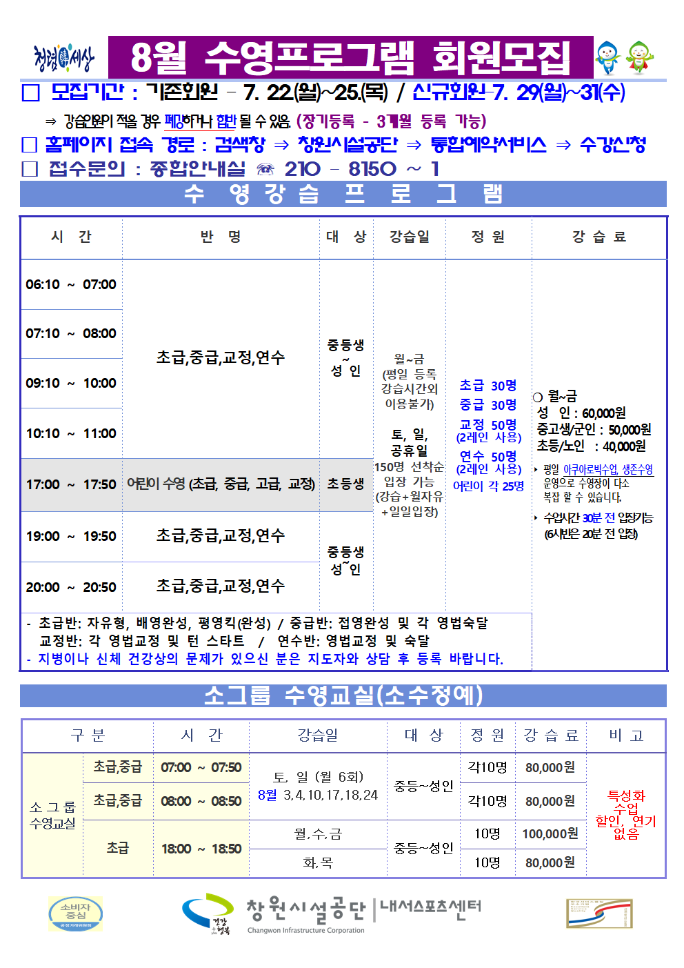 8월 수영프로그램 회원모집 □ 모집기간: 기존회원 - 7. 22.(월)~25.(목) / 신규회원-7. 29.(월)~31.(수) ⇒ 강습인원이 적을 경우 폐강하거나 합반 될 수 있음.(장기등록 - 3개월 등록 가능) □ 홈페이지 접속 경로 : 검색창 ⇒ 창원시설공단 ⇒ 통합예약서비스 ⇒ 수강신청 □ 접수문의 : 종합안내실 ☏ 210 - 8150 ~ 1 수영강습 프로그램 시간 반명 대상 강습일 정원 강습료 06:10~07:00 07:10~08:00 09:10~10:00 10:10~11:00 초급,중급,교정,연수 중등생~성인 17:00~17:50 어린이 수영(초급,중급,고급,교정) 초등생 19:00~19:50 초급,중급,교정,연수 20:00~20:50 초급,중급,교정,연수 중등생~성인 월~금(평일 등록 강습시간외 이용불가) 토, 일, 공휴일 150명 선착순 입장 가능(강습+월자유+일일입장) 초급 30명 중급 30명 교정 50명(2레인 사용) 연수 50명(2레인 사용) 어린이 각 25명 ○ 월~금 성인: 60,000원 중고생/군인: 50,000원 초등/노인: 40,000원 ▶ 평일 아쿠아로빅수업, 생존수영 운영으로 수영장이 다소 복잡할 수 있습니다. ▶ 수업시간 30분 전 입장가능(6시반은 20분 전 입장) - 초급반: 자유형, 배영완성, 평영킥(완성) / 중급반: 접영완성 및 각 영법숙달 / 교정반: 각 영법교정 및 턴 스타트 / 연수반: 영법교정 및 숙달 - 지병이나 신체 건강상의 문제가 있으신 분은 지도자와 상담 후 등록 바랍니다. 소그룹 수영교실(소수정예) 구분 시간 강습일 대상 정원 강습료 비고 소그룹 수영교실 초급,중급 07:00~07:50 초급,중급 08:00~08:50 토, 일(월 6회) 8월 3, 4, 10, 17, 18, 24 중등~성인 각 10명 80,000원 초급 18:00~18:50 월, 수, 금 중등~성인 10명 100,000원 화, 목 중등~성인 10명 80,000원 특성화 수업 할인, 연기 없음 창원시설공단 | 내서스포츠센터