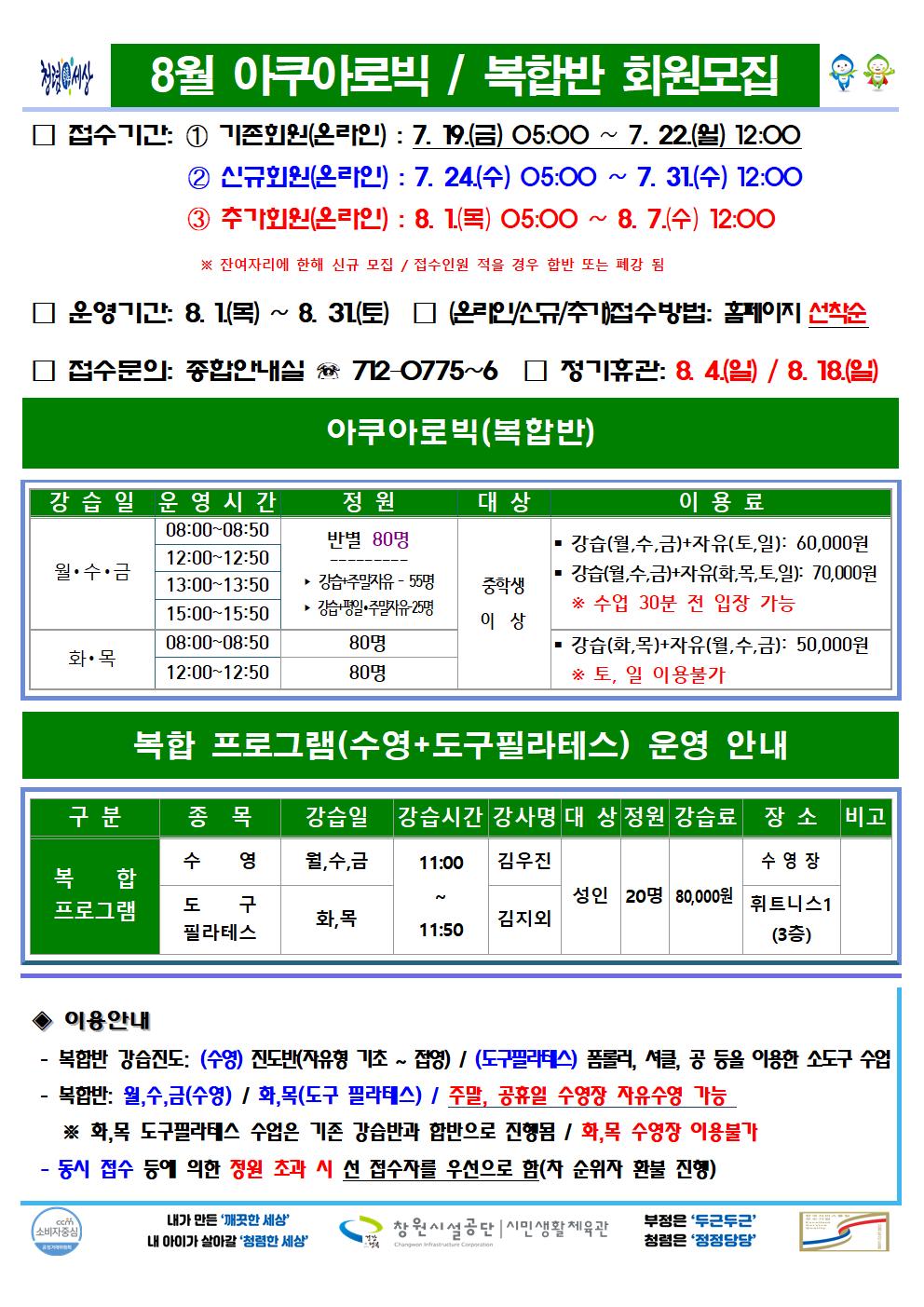 8월 아쿠아로빅 / 복합반 회원모집 □ 접수기간: ① 기존회원(온라인) : 7. 19.(금) 05:00 ~ 7. 22.(월) 12:00 ② 신규회원(온라인) : 7. 24.(수) 05:00 ~ 7. 31.(수) 12:00 ③ 추가회원(온라인) : 8. 1.(목) 05:00 ~ 8. 7.(수) 12:00 ※ 잔여자리에 한해 신규 모집 / 접수인원이 적을 경우 합반 또는 폐강 됨 □ 운영기간: 8. 1.(목) ~ 8. 31.(토) □ (온라인/신규/추가)접수방법: 홈페이지 선착순 □ 접수문의: 종합안내실 ☏ 712-0775~6 □ 정기휴관: 8. 4.(일) / 8. 18.(일) 아쿠아로빅(복합반) 강습일 운영시간 정원 대상 이용료 월·수·금 08:00~08:50 12:00~12:50 13:00~13:50 15:00~15:50 반별 80명 / ▶ 강습+주말자유 - 55명 ▶ 강습+평일·주말자유 - 25명 중학생 이상 ■ 강습(월,수,금)+자유(토,일): 60,000원 ■ 강습(월,수,금)+자유(화,목,토,일): 70,000원 ※ 수업 30분 전 입장 가능 화·목 08:00~08:50 80명 12:00~12:50  80명 중학생 이상 ■ 강습(화,목)+자유(월,수,금): 50,000원 ※ 토, 일 이용불가 복합 프로그램(수영+도구필라테스) 운영 안내 구분 종목 강습일 강습시간 강사명 대상 정원 강습료 장소 비고 복합 프로그램 수영 월,수,금 11:00~11:50 김우진 성인 20명 80,000원 수영장 도구필라테스 화,목 11:00~11:50 김지외 성인 20명 80,000원 휘트니스1(3층) ◈ 이용안내 - 복합반 강습진도: (수영) 진도반(자유형 기초~접영) / (도구필라테스) 폼롤러, 셔클, 공 등을 이용한 소도구 수업 - 복합반: 월,수,금(수영) / 화,목(도구 필라테스) / 주말, 공휴일 수영장 자유수영 가능 ※ 화,목 도구필라테스 수업은 기존 강습반과 합반으로 진행됨 / 화,목 수영장 이용불가 - 동시 접수 등에 의한 정원 초과 시 선 접수자를 우선으로 함(차 순위자 환불 진행) 창원시설공단 | 시민생활체육관