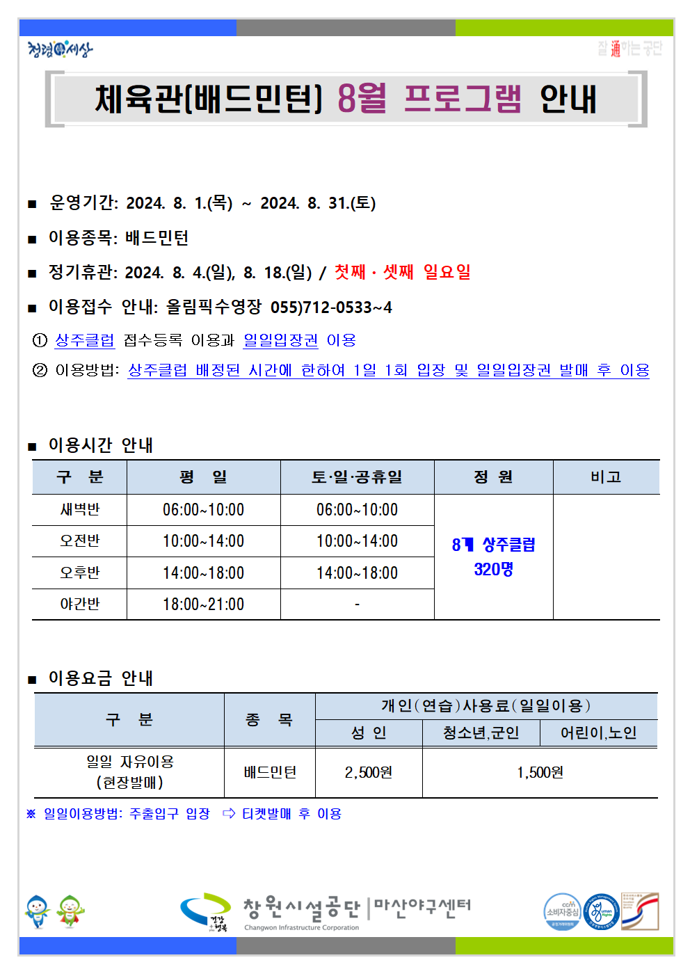 체육관(배드민턴) 8월 프로그램 안내 ■ 운영기간: 2024. 8. 1.(목) ~ 2024. 8. 31.(토) ■ 이용종목: 배드민턴 ■ 정기휴관: 2024. 8. 4.(일), 8. 18.(일) / 첫째 · 셋째 일요일 ■ 이용접수 안내: 올림픽수영장 055)712-0533~4 ① 상주클럽 접수등록 이용과 일일입장권 이용 ② 이용방법: 상주클럽 배정된 시간에 한하여 1일 1회 입장 및 일일입장권 발매 후 이용 ■ 이용시간 안내 구분 평일 토 · 일 · 공휴일 정원 비고 새벽반 06:00~10:00 06:00~10:00 오전반 10:00~14:00 10:00~14:00 오후반 14:00~18:00 14:00~18:00 야간반 18:00~21:00 - 8개 상주클럽 320명 ■ 이용요금 안내 구분 종목 개인(연습)사용료(일일이용) 성인 청소년,군인 어린이,노인 일일 자유이용(현장발매) 배드민턴 2,500원 1,500원 ※ 일일이용방법: 주출입구 입장 ⇒ 티켓발매 후 이용 창원시설공단 | 마산야구센터