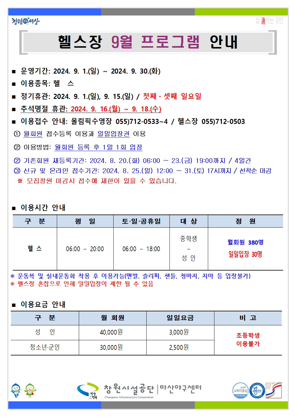 청령서상 헬스장 9월 프로그램 안내 ■ 운영기간: 2024. 9. 1.(일) ~ 2024. 9. 30.(화) ■ 이용종목: 헬스 ■ 정기휴관: 2024. 9. 1.(일), 9. 15.(일) / 첫째 셋째 일요일 ■ 추석명절 휴관: 2024. 9. 16.(월) ~ 9. 18.(수) ■ 이용접수 안내: 올림픽수영장 055)712-0533~4/헬스장 055)712-0503 ① 월회원 접수등록 이용과 일일입장권 이용 ② 이용방법: 월회원 등록 후 1일 1회 입장 ② 기존회원 새등록기간: 2024. 8. 20.(회) 06:00 ~ 23.(금) 19:00까지 / 4일간 ③ 신규 및 온라인 접수기간: 2024. 8. 25.(일) 12:00~31.(토) 17시까지 / 선착순 마감 ※ 모집정원 마감시 점수에 제한이 있을 수 있습니다. 이용시간 안내 구분 평일 토·일·공휴일 대상 정원 중학생 성민 헬스 06:00- 20:00 06:00-18:00 월회원 380명 일일입장 30명 * 운동복 및 실내운동화 착용 후 이용가능(맨발, 슬리퍼, 샌들, 청바지, 지마 등 입장불가) * 헬스장 혼잡으로 인해 일일입장이 제한 될 수 있음 ■ 이용요금 안내 구분 월 회원 일일요금 비고 성인 40,000원 3,000원 초등학생 이용불가 청소년·군인 30,000원 2,500원 창원시설공단 마산야구센터