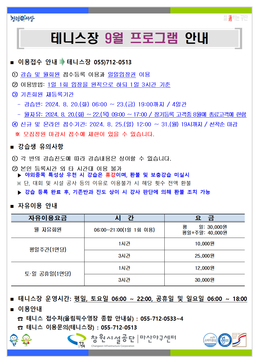 청렴 세상 테니스장 9월 프로그램 안내 ■ 이용접수 안내 테니스장 055)712-0513 ① 강습 및 월회원 접수등록 이용과 일일입장권 이용 ② 이용방법: 1일 1회 입장을 원칙으로 하되 1일 3시간 기준 ③ 기존회원 새등록기간 강습반: 2024. 8. 20.(화) 06:00 ~ 23.(금) 19:00까지 / 4일간 원지유: 2024. 8. 20.(화) ~ 22.(목) 09:00~17:00/장기등록 고객중 8월에 종료고객에 한함 ④ 신규 및 온라인 접수기간: 2024.8.25.(일) 12:00~31.(월) 19시까지/선착순 마감 ※ 모집정원 마감시 접수에 제한이 있을 수 있습니다. ■ 강습생 유의사항 ① 각 반의 강습진도에 따라 강습내용은 상이할 수 있습니다. ② 본인 등록시간 외 타 시간대 이용 불가 ▶ 야외종목 특성상 우천 시 강습은 휴강이며, 환불 및 보충강습 미실시 ※ 단, 대회 및 시설 공사 등의 이유로 이용불가 시 해당 횟수 전액 환불 ▶ 강습 등록 완료 후, 기존반과 진도 상이 시 강사 판단에 의해 환불 조치 가능 ■ 자유이용 안내 자유이용요금 시간 요금 월 자유회원 06:00~21:00(1일 1회 이용) 일: 30,000원 평일+주말: 40,000원 1시간 10,000원 평일주간(1면당) 3시간 25,000원 1시간 12,000원 토·일 공휴일(1면당) 3시간 30,000원 ■ 테니스장 운영시간: 평일, 토요일 06:00 ~ 22:00, 공휴일 및 일요일 06:00 ~ 18:00 이용안내 테니스 접수처(올림픽수영장 종합 안내실): 055-712-0533~4 테니스 이용문의(테니스장): 055-712-0513 창원시설공단 마산야구센터