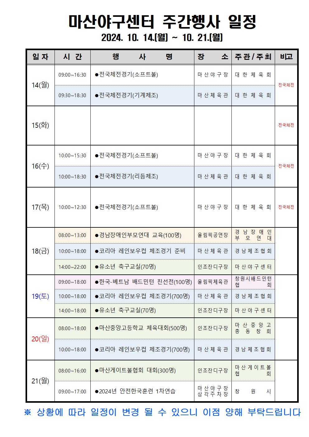 마산야구센터 주간행사일정 2024. 10. 14. ~ 10. 21