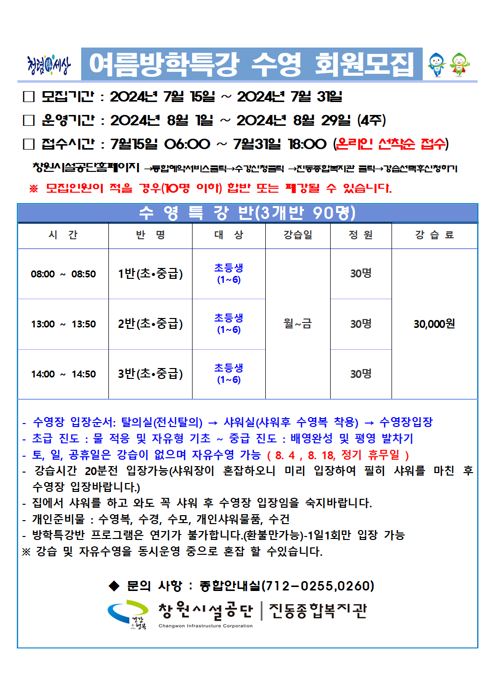 여름방학특강 수영 회원모집 □ 모집기간 : 2024년 7월 15일 ~ 2024년 7월 31일 □ 운영기간 : 2024년 8월 1일 ~ 2024년 8월 29일 (4주) □ 접수시간 : 7월15일 06:00 ~ 7월31일 18:00 (온라인 선착순 접수) 창원시설공단홈페이지 → 통합계약서비스클릭 → 수강신청클릭 → 진동종합복지관 클릭 → 강습선택후신청하기 ※ 모집인원이 적을 경우(10명 이하) 합반 또는 폐강될 수 있습니다. 수영 특강반(3개반 90명) 시간 반명 대상 강습일 정원 강습료 08:00 ~ 08:50 1반(초·중급) 초등생(1~6) 월~금 30명 30,000원 13:00 ~ 13:50 2반(초·중급) 초등생(1~6) 월~금 30명 30,000원 14:00 ~ 14:50 3반(초·중급) 초등생(1~6) 월~금 30명 30,000원 - 수영장 입장순서: 탈의실(전신탈의) → 샤워실(샤워후 수영복 착용) → 수영장입장 - 초급 친도: 물 적응 및 자유형 기초 ~ 중급 진도 : 배영완성 및 평영 발차기 - 토, 일, 공휴일은 강습이 없으며 자유수영 가능 ( 8. 4., 8. 18. 정기 휴무일 ) - 강습시간 20분전 입장가능(샤워장이 혼잡하오니 미리 입장하여 필히 샤워를 마친 후 수영장 입장바랍니다.) - 집에서 샤워를 하고 와도 꼭 샤워 후 수영장 입장임을 숙지바랍니다. - 개인준비물 : 수영복, 수경, 수모, 개인샤워물품, 수건 - 방학특강반 프로그램은 연기가 불가합니다.(환불만가능)-1일1회만 입장 가능 ※ 강습 및 자유수영을 동시운영 중으로 혼잡 할 수있습니다. 문의 사항: 종합안내실(712-0255,0260) 창원시설공단 | 진동종합복지관