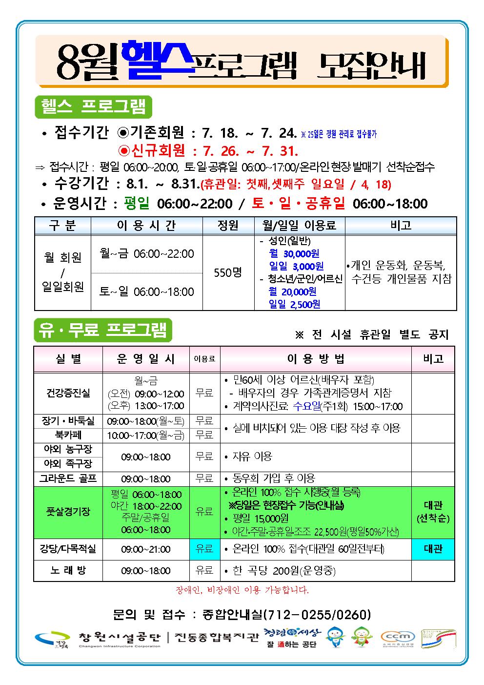 8월 헬스 프로그램 모집안내 헬스 프로그램 · 접수기간 ⊙기존회원 : 7. 18. ~ 7. 24. ※ 25일은 정원 관리로 접수불가 ⊙신규회원 : 7. 26. ~ 7. 31. ⇒ 접수시간 : 평일 06:00~20:00 토·일·공휴일 06:00~17:00/온라인·현장·발매기 선착순접수 · 수강기간 : 8. 1. ~ 8. 31. (휴관일: 첫째, 셋째주 일요일 / 4, 18) · 운영시간 : 평일 09:00~22:00 / 토·일·공휴일 09:00~18:00 구분 이용시간 정원 월/일일 이용료 비고 월 회원/일일회원 월~금 06:00~22:00 토~일 06:00~18:00 550명 -성인(일반) 월 30,000원 일일 3,000원 - 청소년/군인/어르신 월 20,000원 일일 2,500원 ·개인 운동화, 운동복, 수건 등 개인물품 지참 유·무료 프로그램 ※ 전 시설 휴관일 별도 공지 실별 운영일시 이용료 이용방법 비고 건강증진실 월~금 (오전) 09:00~12:00 (오후) 13:00~17:00 무료 · 만60세 이상 어르신(배우자 포함) - 배우자의 경우 가족관계증명서 지참 · 계약의사진료: 수요일(주1회) 15:00~17:00 장기·바둑실 09:00~18:00(월~토) 무료 북카페 10:00~17:00(월~금) 무료 · 실에 비치되어 있는 이용 대장 작성 후 이용 야외 농구장 야외 족구장 09:00~18:00 무료 · 자유 이용 풋살경기장 평일 06:00~18:00 야간 18:00~22:00 주말/공휴일 06:00~18:00 유료 · 온라인 100% 접수 시행중(월 등록) ※당일은 현장접수 가능(안내실) · 평일 15,000원 · 야간·주말·공휴일·조조 22,500원(평일50%가산) 대관(선착순) 강당/다목적실 09:00~21:00 유료 · 온라인 100% 접수(대관일 60일전부터) 대관 노래방 09:00~18:00 유료 · 한 곡당 200원(운영중) 장애인, 비장애인 이용 가능합니다. 문의 및 접수 : 종합안내실(712-0255/0260) 창원시설공단 | 진동종합복지관