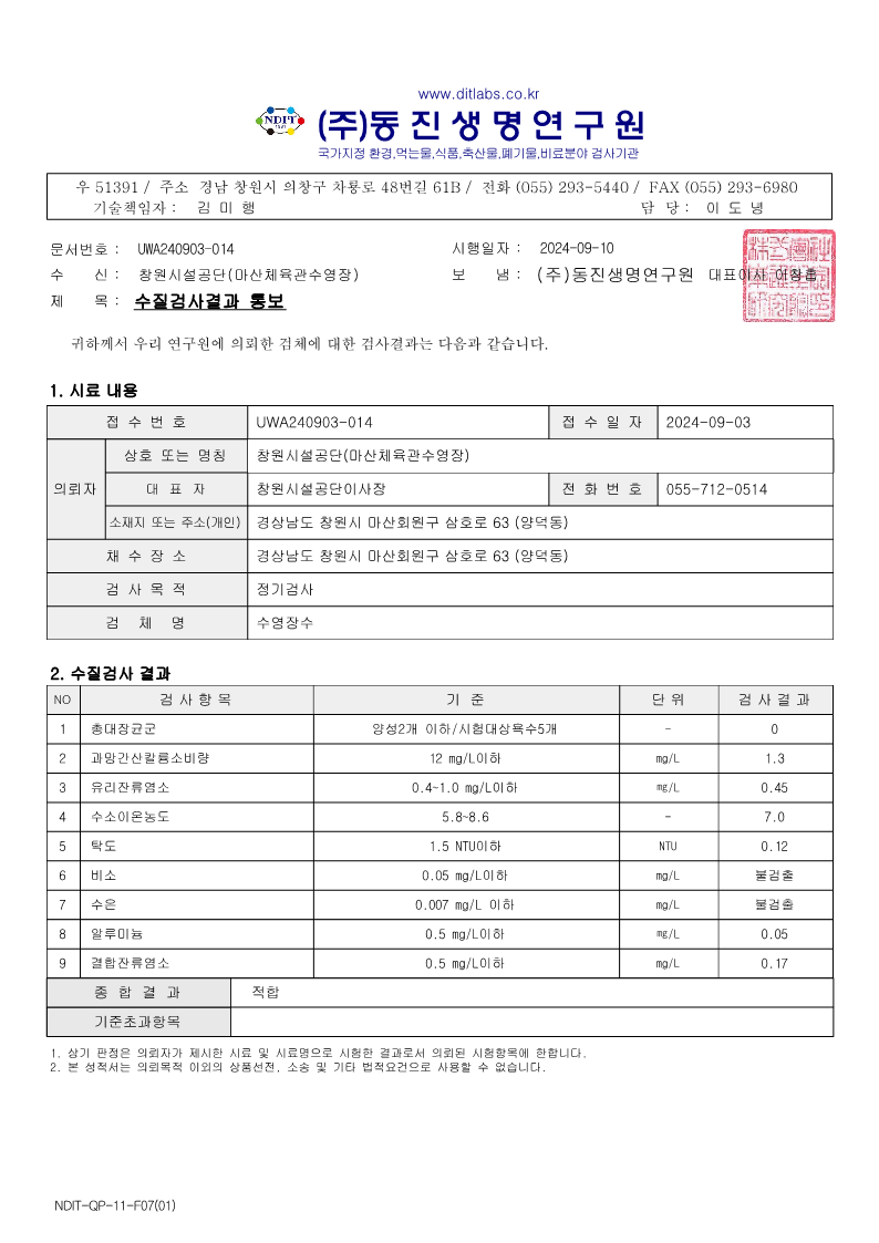 ○ 2024년 9월 수영장 유충 검사 결과 안내 (1회/주)    - 일시 : 2024. 9. 5/12/19/26.   - 시료채취위치 : 원수(상수도),밸런싱탱크(여과전), 여과후   - 점검방법 : 현미경을 활용한 육안검사   - 검사결과 : 유충 미발견 