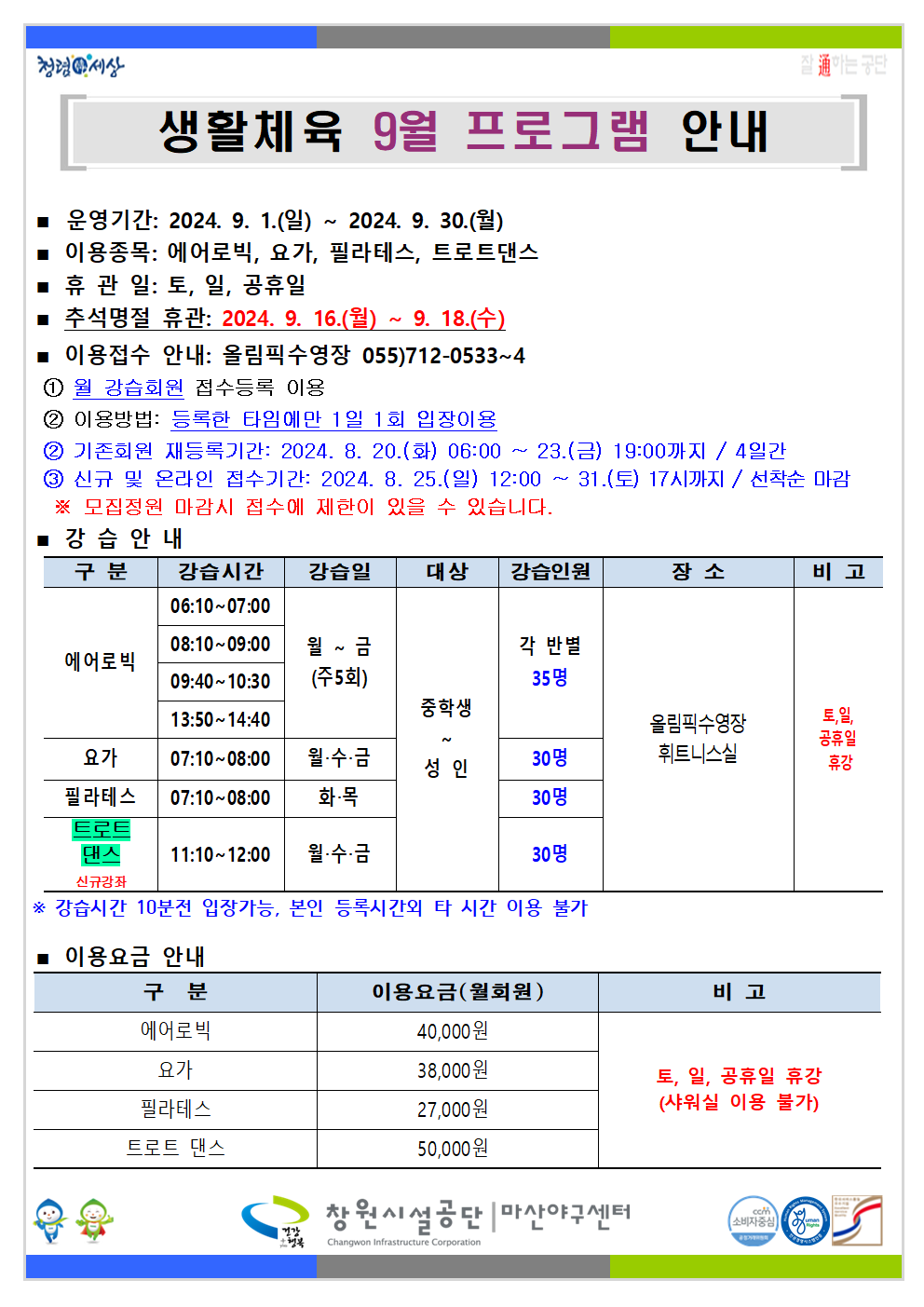 청령세상 [ 생활체육 9월 프로그램 안내 ■ 운영기간: 2024. 9. 1.(일) ~ 2024. 9. 30.(월) ■ 이용종목: 에어로빅, 요가, 필라테스, 트로트댄스 ■휴관일: 토, 일, 공휴일 ■ 추석명절 휴관: 2024. 9. 16.(월) ~ 9. 18.(수) ■ 이용접수 안내: 올림픽수영장 055)712-0533~4 ① 월 강습회원 집수등록 이용 ② 이용방법: 등록한 타임에만 1일 1회 입장이용 ② 기존회원 재등록기간: 2024, 8. 20.(화) 06:00 ~ 23.(금) 19:00까지 / 4일간 ③ 신규 및 온라인 접수기간: 2024. 8. 25.(일) 12:00~31.(토) 17시까지 / 선착순 마감 ※ 모집정원 마감시 접수에 제한이 있을 수 있습니다. ■강습안내 구분 강습시간 강습일 대상 강습인원 장소 비고 06:10~07:00 08:10~09:00 에어로빅 월~금 각 반별 09:40-10:30 (주5회) 35명 중학생 13:50-14:40 요가 07:10~08:00 필라테스 07:10-08:00 월·수·금 화목 성인 30명 올림픽수영장 휘트니스실 토,일 공휴일 휴강 30명 트로트 댄스 신규강좌 11:10~12:00 월수금 30명 * 강습시간 10분전 입장가능, 본인 등록시간외 타 시간 이용 불가 ■ 이용요금 안내 구분 이용요금(월회원) 비고 에어로빅 40,000원 요가 38,000원 토, 일, 공휴일 휴강 (샤워실 이용 불가) 필라테스 27,000원 트로트 댄스 50,000원 창원시설공단 | 마산야구센터