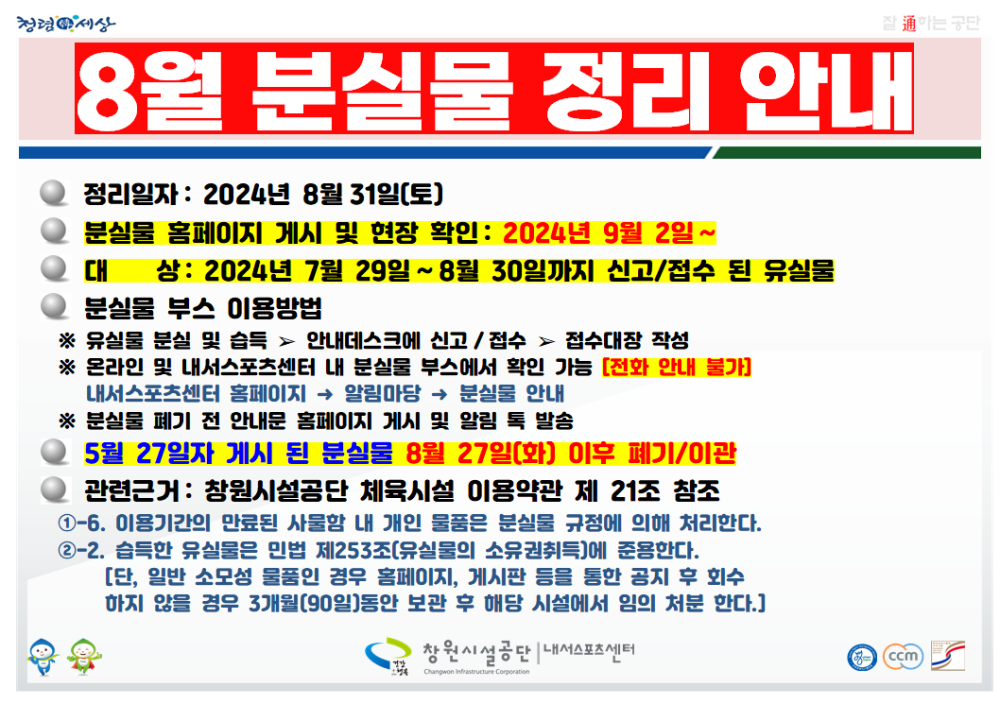 청령 세상 -공지사항 - 휴장안내 - 행사소식 - 채용정보 조직 시설안내지도 공단사보 잘키는 공판 8월 분실물 정리 안내 정리일자: 2024년 8월 31일(토) 분실물 홈페이지 게시 및 현장 확인: 2024년 9월 2일~ 대 상: 2024년 7월 29일~8월 30일까지 신고/접수 된 유실물 분실물 부스 이용방법 ※ 유실물 분실 및 습득 안내데스크에 신고/ 접수 접수대장 작성 ※ 온라인 및 내서스포츠센터 내 분실물 부스에서 확인 가능 [전화 안내 불가] 내서스포츠센터 홈페이지 → 알림마당 분실물 안내 ※ 분실물 폐기 전 안내문 홈페이지 게시 및 알림 톡 발송 5월 27일자 게시 된 분실물 8월 27일(화) 이후 폐기/이관 관련근거 : 창원시설공단 체육시설 이용약관 제 21조 참조 ①-6. 이용기간의 만료된 사물함 내 개인 물품은 분실물 규정에 의해 처리한다. ②-2. 습득한 유실물은 민법 제253조(유실물의 소유권취득)에 준용한다. [단, 일반 소모성 물품인 경우 홈페이지, 게시판 등을 통한 공지 후 회수 하지 않을 경우 3개월(90일)동안 보관 후 해당 시설에서 임의 처분 한다.] 창원시설공단 | 내서스포츠센터 ccm
