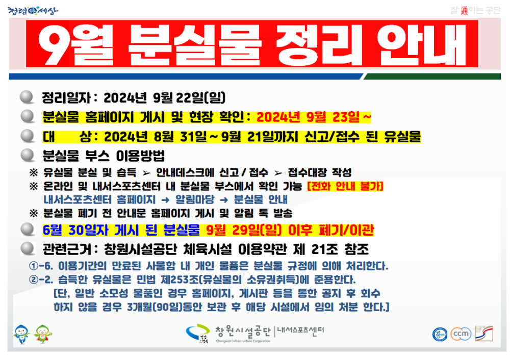 9월 분실물 정리 안내 ● 정리일자: 2024년 9월 22일(일) 분실물 홈페이지 게시 및 현장 확인: 2024년 9월 23일~ 대상: 2024년 8월 31일~9월 21일까지 신고/접수 된 유실물 분실물 부스 이용방법 ※ 유실물 분실 및 습득 안내데스크에 신고/접수 접수대장 작성 ※ 온라인 및 내서스포츠센터 내 분실물 부스에서 확인 가능 [전화 안내 불가] 내서스포츠센터 홈페이지 → 알림마당 분실물 안내 ※ 분실물 폐기 전 안내문 홈페이지 게시 및 알림 톡 발송 6월 30일자 게시 된 분실물 9월 29일(일) 이후 폐기/이관 ● 관련근거 : 창원시설공단 체육시설 이용약관 제 21조 참조 ①-6. 이용기간의 만료된 사물함 내 개인 물품은 분실물 규정에 의해 처리한다. ②-2. 습득한 유실물은 민법 제253조(유실물의 소유권취득)에 준용한다. [단, 일반 소모성 물품인 경우 홈페이지, 게시판 등을 통한 공지 후 회수 하지 않을 경우 3개월(90일) 동안 보관 후 해당 시설에서 임의 처분 한다.] 창원시설공단 스포츠센터 ccm