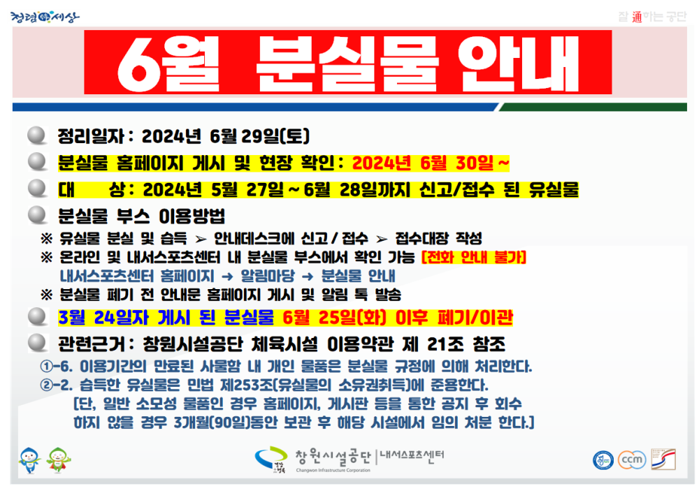 6월 분실물 안내 ● 정리일자: 2024년 6월 29일(토) ● 분실물 홈페이지 게시 및 현장 확인: 2024년 6월 30일 ~ ● 대상: 2024년 5월 27일 ~ 6월 28일까지 신고/접수 된 유실물 ● 분실물 부스 이용방법 ※ 유실물 분실 및 습득 ▷ 안내데스크에 신고/접수 ▷ 접수대장 작성 ※ 온라인 및 내서스포츠센터 내 분실물 부스에서 확인 가능 (전화 안내 불가) 내서스포츠센터 홈페이지 → 알림마당 → 분실물 안내 ※ 분실물 폐기 전 안내문 홈페이지 게시 및 알림 톡 발송 ● 3월 24일자 게시 된 분실물 6월 25일(화) 이후 폐기/이관 ● 관련근거: 창원시설공단 체육시설 이용약관 제21조 참조 ①-6. 이용기간의 만료된 사물함 내 개인 물품은 불실물 규정에 의해 처리한다. ②-2. 습득한 유실물은 민법 제253조(유실물의 소유권취득)에 준용한다. (단, 일반 소모성 물품인 경우 홈페이지, 게시판 등을 통한 공지 후 회수하지 않을 경우 3개월(90일)동안 보관 후 해당 시설에서 임의 처분 한다.)