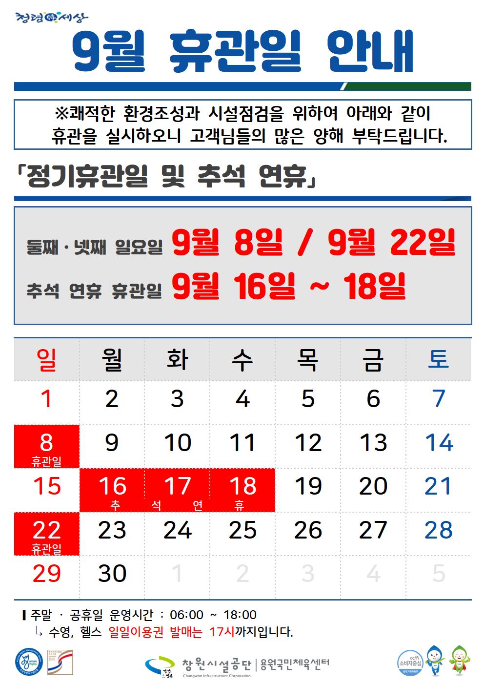 청령세상 0건 245회 2024-08-23 9월 휴관일 안내 ※쾌적한 환경조성과 시설점검을 위하여 아래와 같이 휴관을 실시하오니 고객님들의 많은 양해 부탁드립니다. 「정기휴관일 및 추석 연휴」 둘째·넷째 일요일 9월 8일/9월 22일 추석 연휴 휴관일 9월 16일 ~ 18일 일월 화 수목금 토 1 2 3 4 5 6 7 8 9 10 11 12 13 14 휴관일 15 16 17 18 19 20 21 추 석 연 휴 22 23 24 25 26 27 28 휴관일 29 30 1 2 3 4 5 ■ 주말 공휴일 운영시간 : 06:00 ~ 18:00 L↳ 수영, 헬스 일일이용권 발매는 17시까지입니다. 창원시설공단 용원국민체육센터