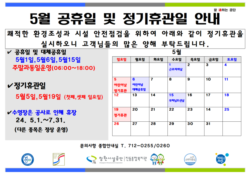 잘하는 공단 5월 공휴일 및 정기휴관일 안내 쾌적한 환경조성과 시설 안전점검을 위하여 아래와 같이 정기휴관을 실시하오니 고객님들의 많은 양해 부탁드립니다. - 행사소식 - 채용정보 ✓ 공휴일 및 대체공휴일 5월 5월1일, 5월6일, 5월15일 일요일 월요일 화요인 수요일 목요일 금요일 토요일 조직 주말과동일운영(06:00~18:00) 2 근로자의날 시설안내지도 5 6 8 9 10 11 ✓ 정기휴관일 어린이날 어린이날 공단사보 5월5일, 5월19일 (첫째, 셋째 일요일) 13 14 15 16 17 18 부처님오신날 ✓수영장은 공사로 인해 휴장 19 20 21 22 23 14 25 정기휴관 24. 5.1.~7.31. 26 27 28 29 30 31 (다른 종목은 정상 운영) com 소비자중심 5월 공휴일 및 정기휴관일 안내 복사 이동 ▲이전글 5월 휴관일 안내 문의사항 종합안내실 T. 712-0255/0260 창원시설공단 진동복지관