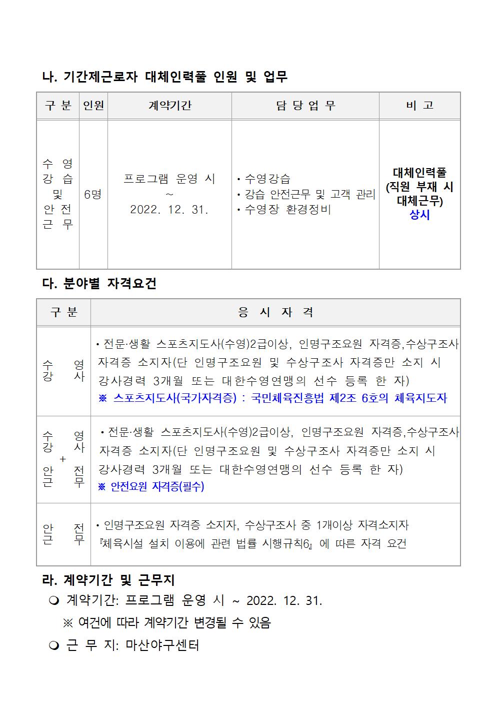 마산야구센터 기간제(초단시간) 및 대체인력풀 재공고_2