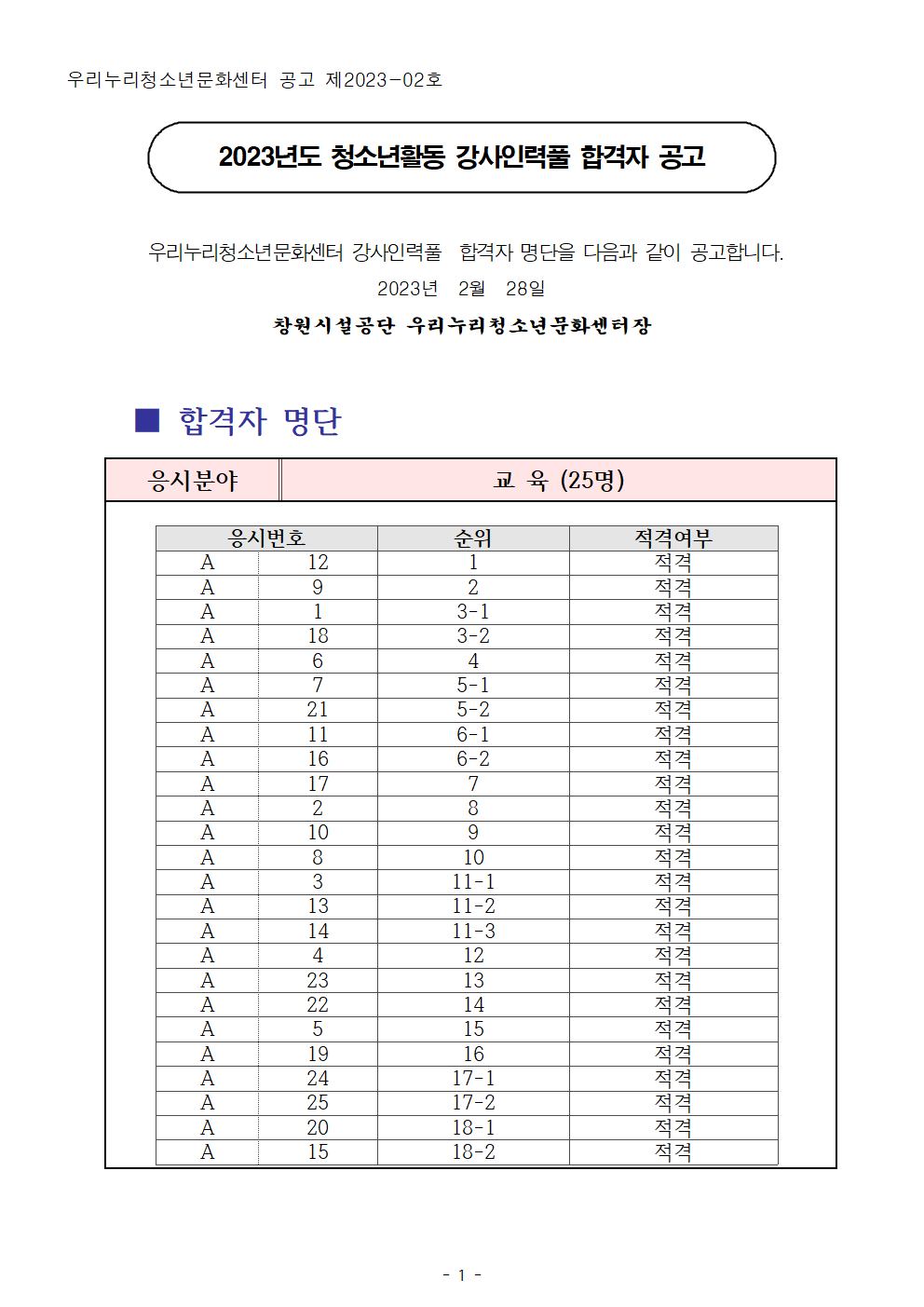 [우리누리청소년문화센터]2023년도 청소년활동 강사인력풀 합격자 공고_1
