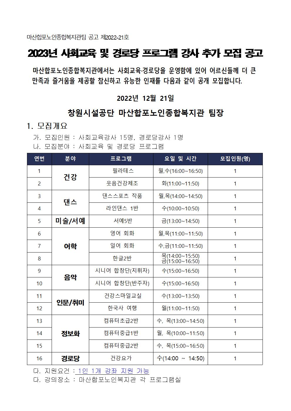 [마산합포노인복지관] 2023년 사회교육 및 경로당 프로그램 강사 추가 모집 공고_1