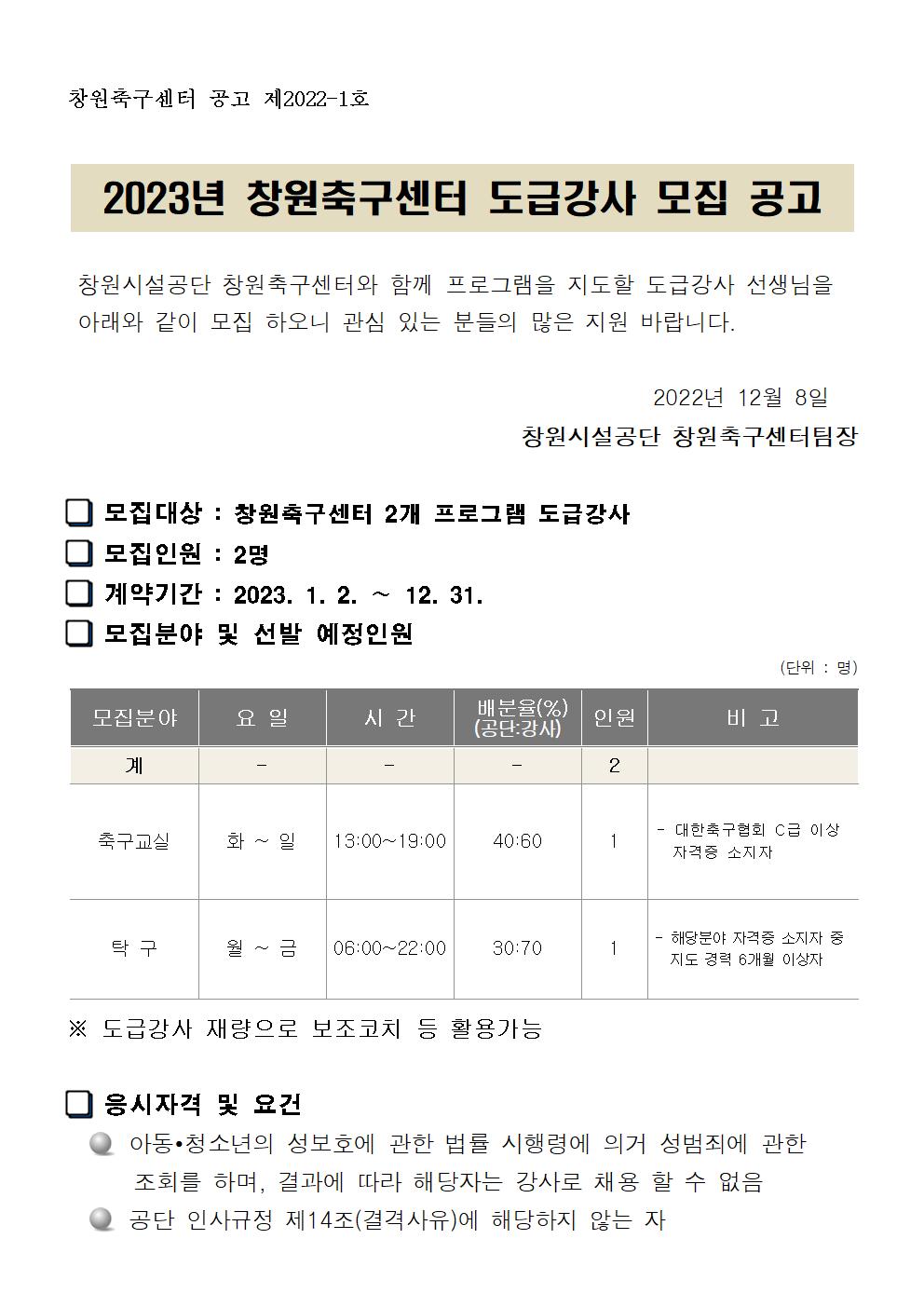 [창원축구센터] 2023년 창원축구센터 도급강사 공개모집 공고_1