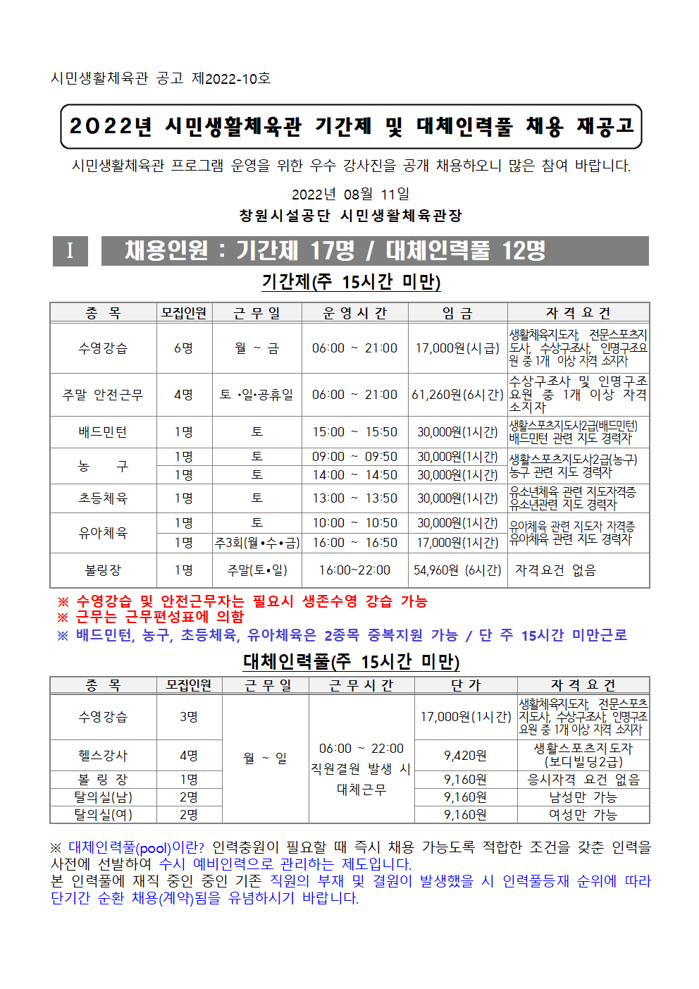 [시민생활체육관] 2022년 기간제 및 대체인력풀 채용 재공고_1