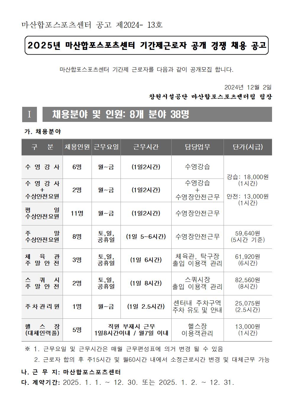 (마산합포스포츠센터)2025년 초단시간 및 대체인력풀 공개경쟁 채용공고_1