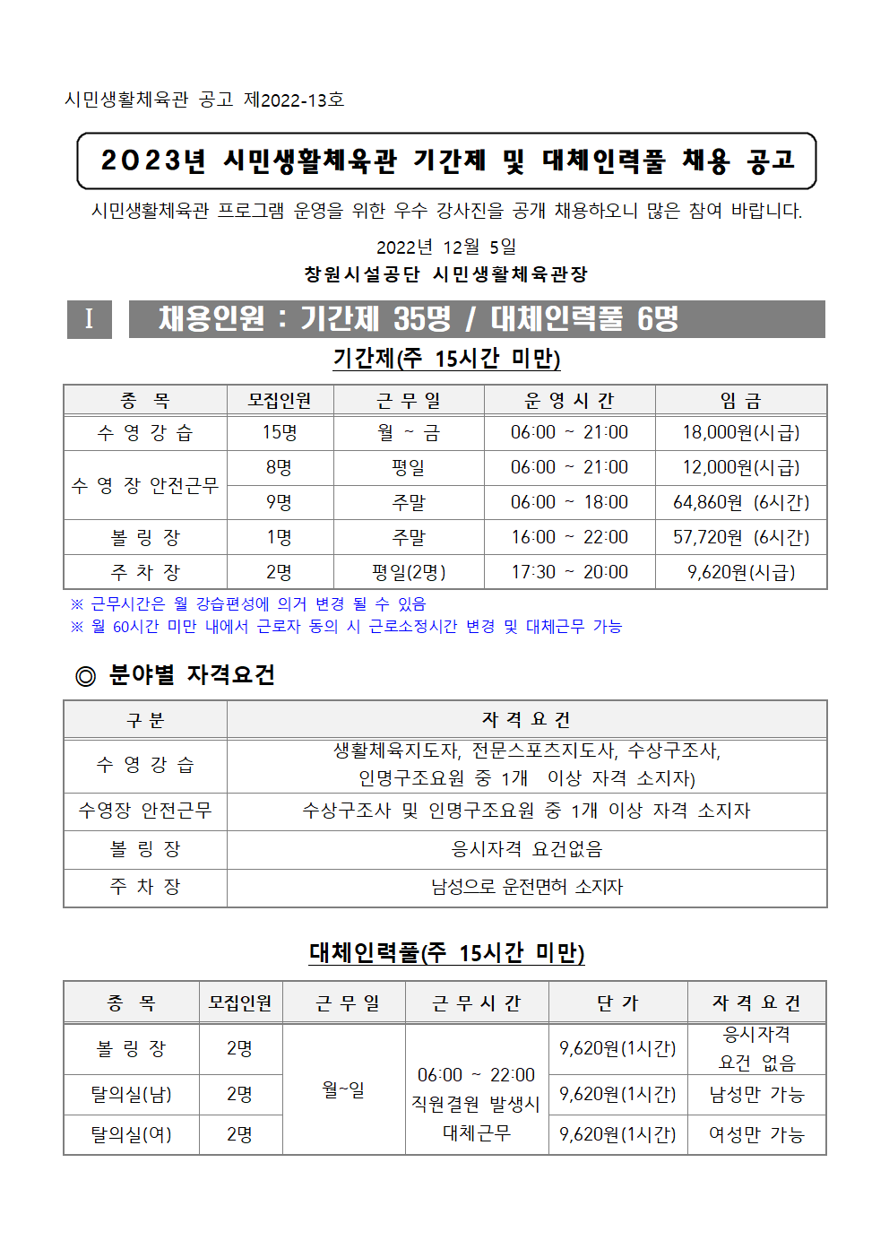 [시민생활체육관] 2023년 시민생활체육관 기간제 및 대체인력풀 모집 공고_1