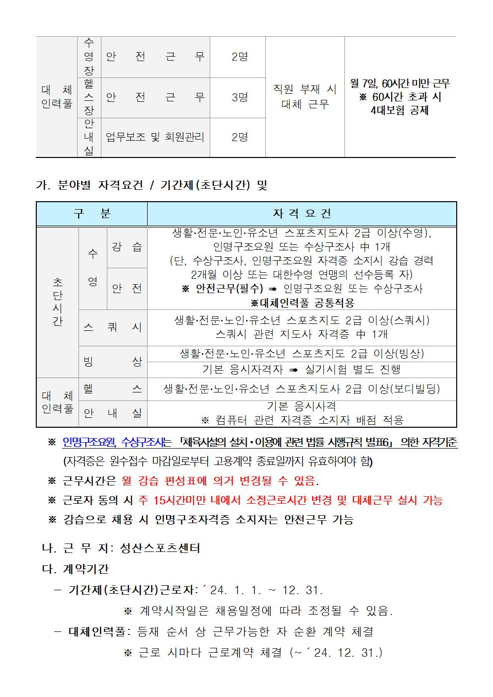 [성산스포츠센터] 2024년 기간제(초단시간) 및 대체인력풀 모집 공고_2