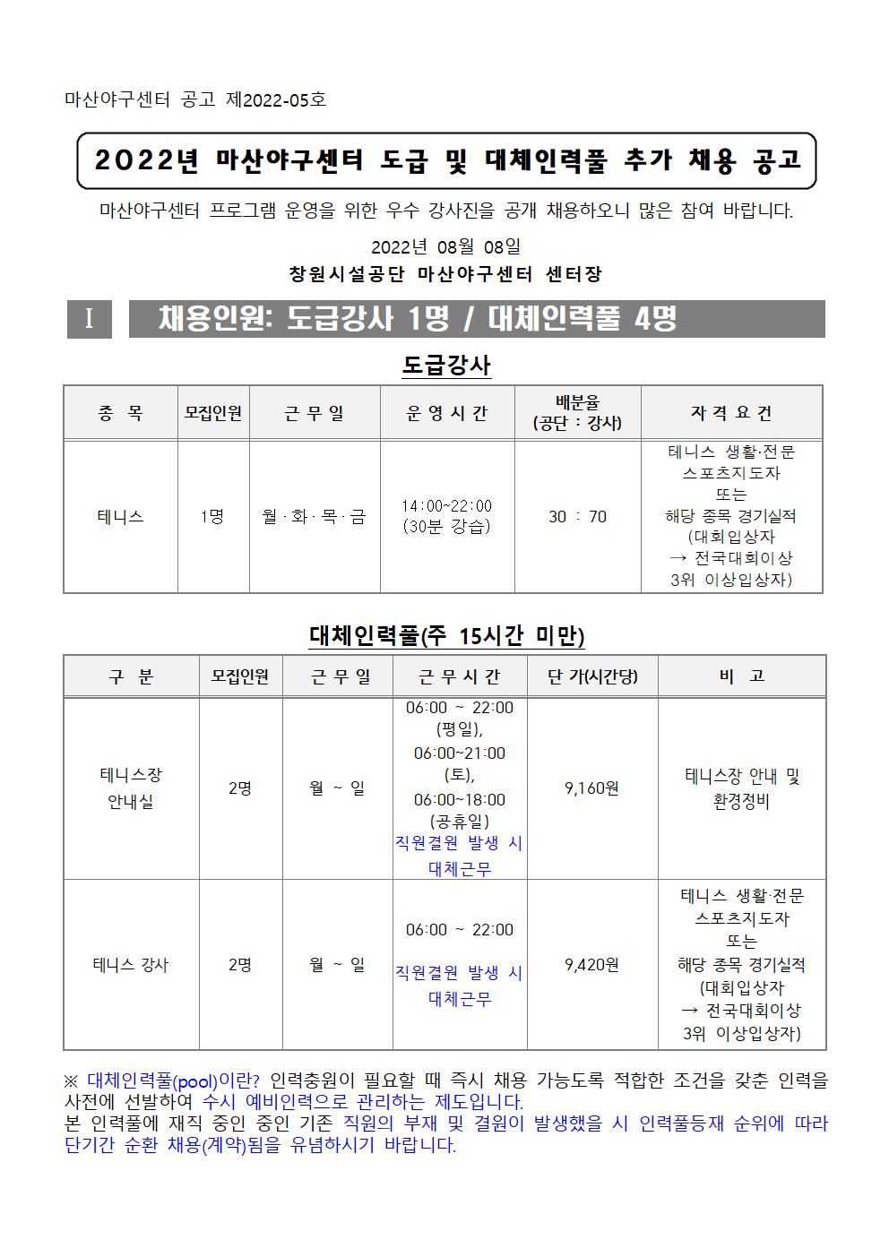 2022년 마산야구센터 도급 및 대체인력풀 추가 채용 공고_1