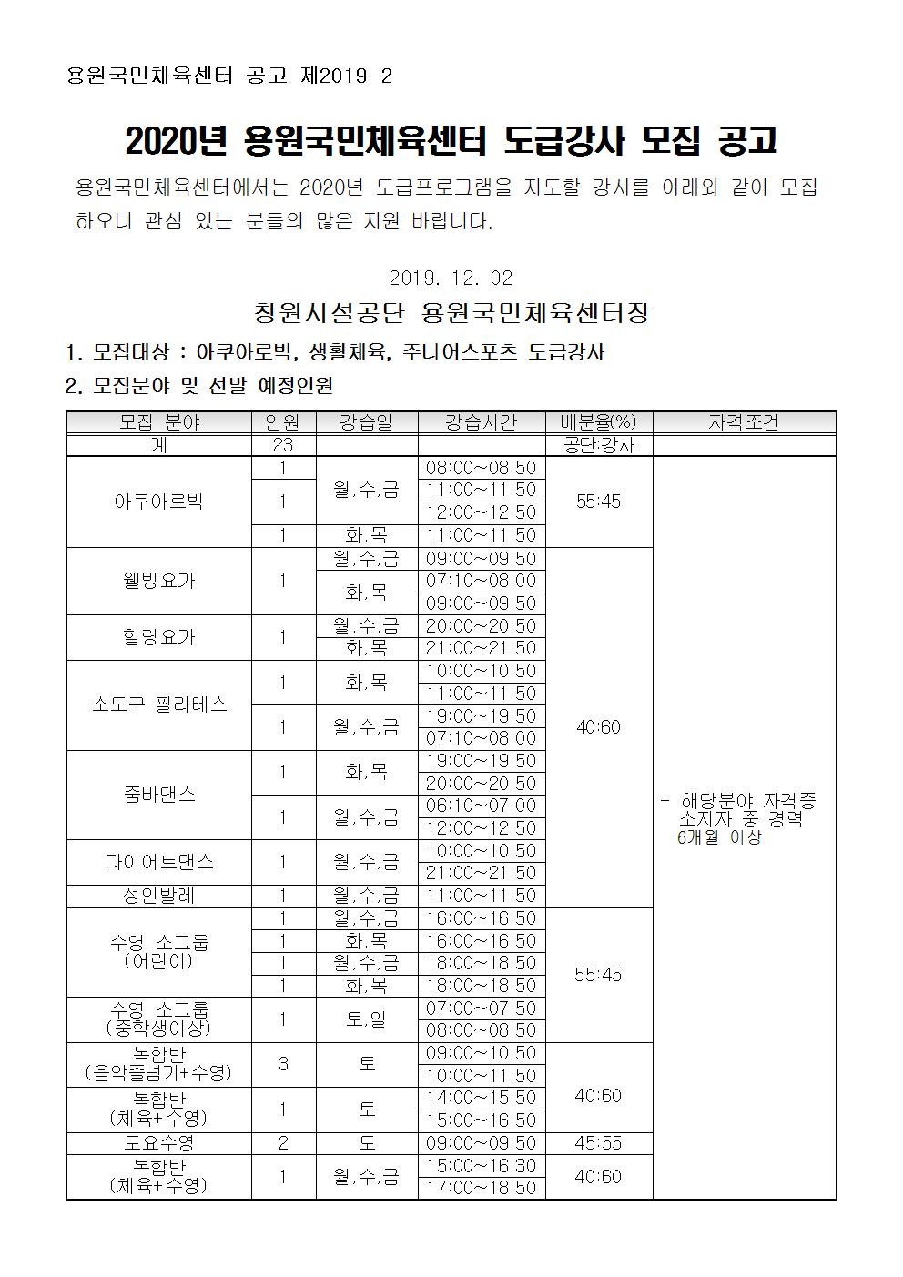 [용원국민체육센터] 2020년도 도급강사 모집 공고_1
