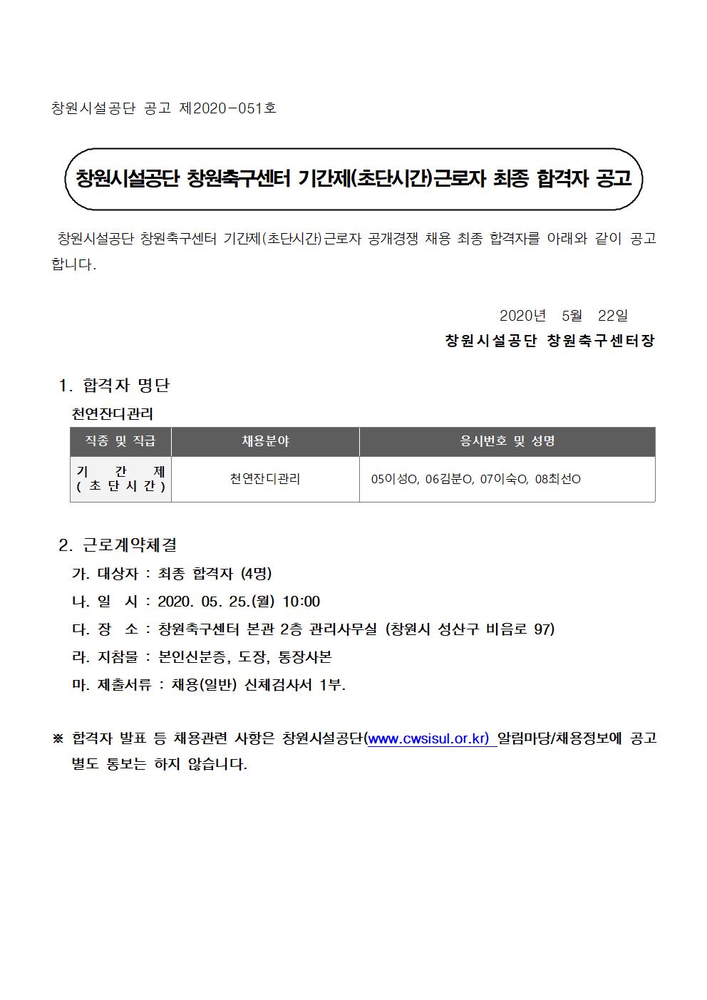 [창원축구센터] 기간제(초단시간)근로자 공개경쟁 채용 최종 합격자 공고_1