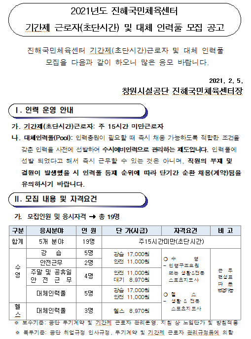 2021년 진해국민체육센터 기간제(초단시간) 및 대체 인력풀 모집 공고_1
