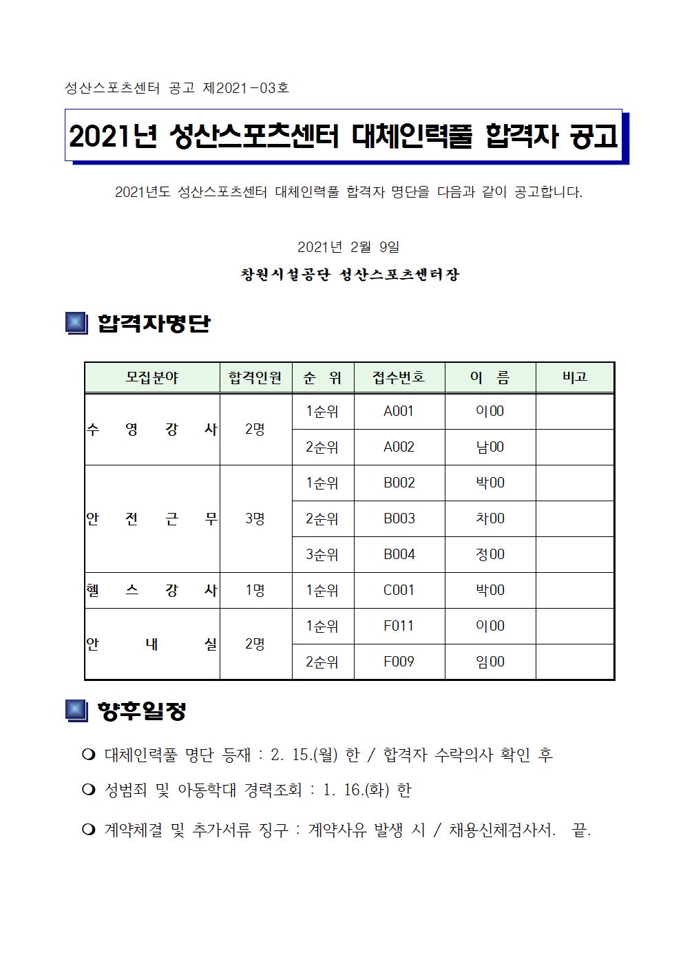 [성산스포츠센터] 2021년 대체인력풀 합격자 공고_1
