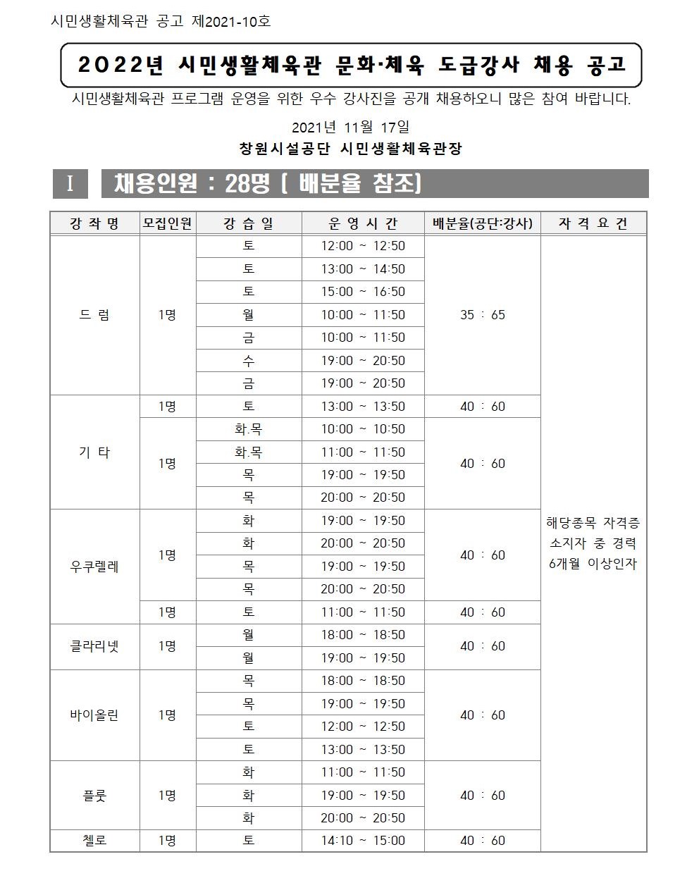 [시민생활체육관] 2022년 문화체육 도급강사 채용 공고_1