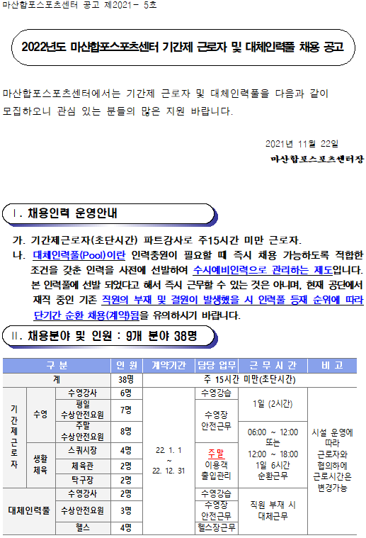 [마산합포스포츠센터] 2022년 기간제근로자 및 대체인력풀 채용 공고_1