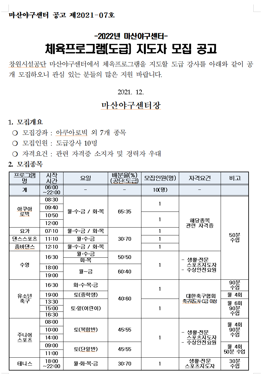 2022년 마산야구센터 체육프로그램(도급) 지도자 공개모집 공고 _1
