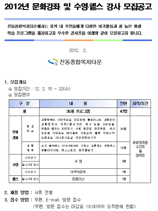 [진동종합복지타운]2012년 문화강좌 및 수영∙헬스 강사 모집공고_2